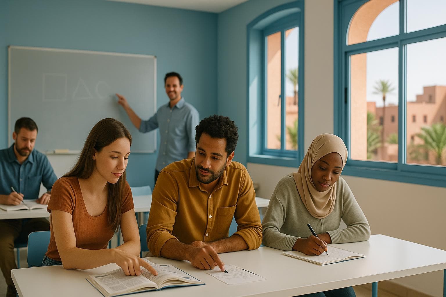 Modern classroom at Dialektika with students in a German course